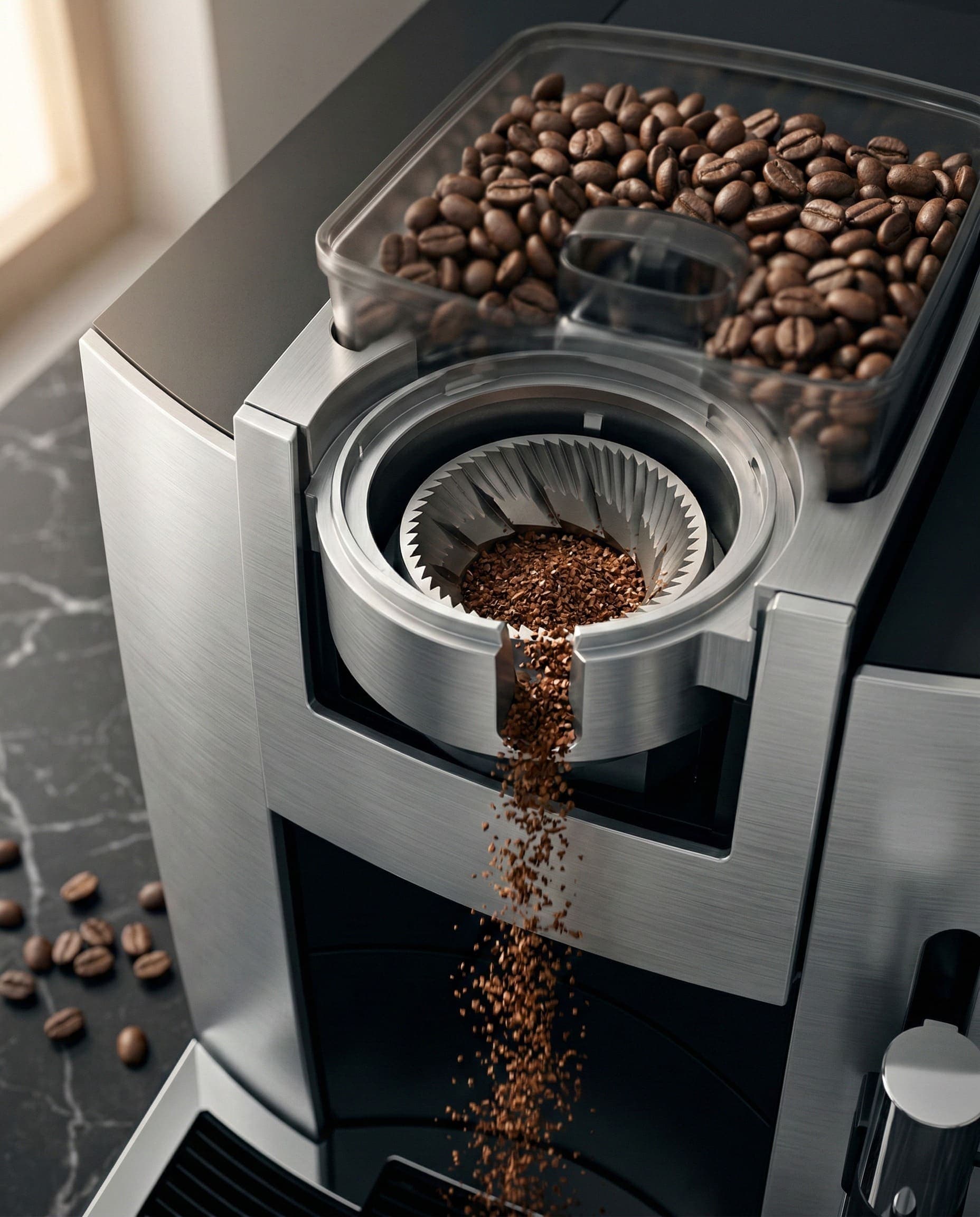Jura E8 AromaG3 grinder with its grind adjustment, shown with freshly ground coffee