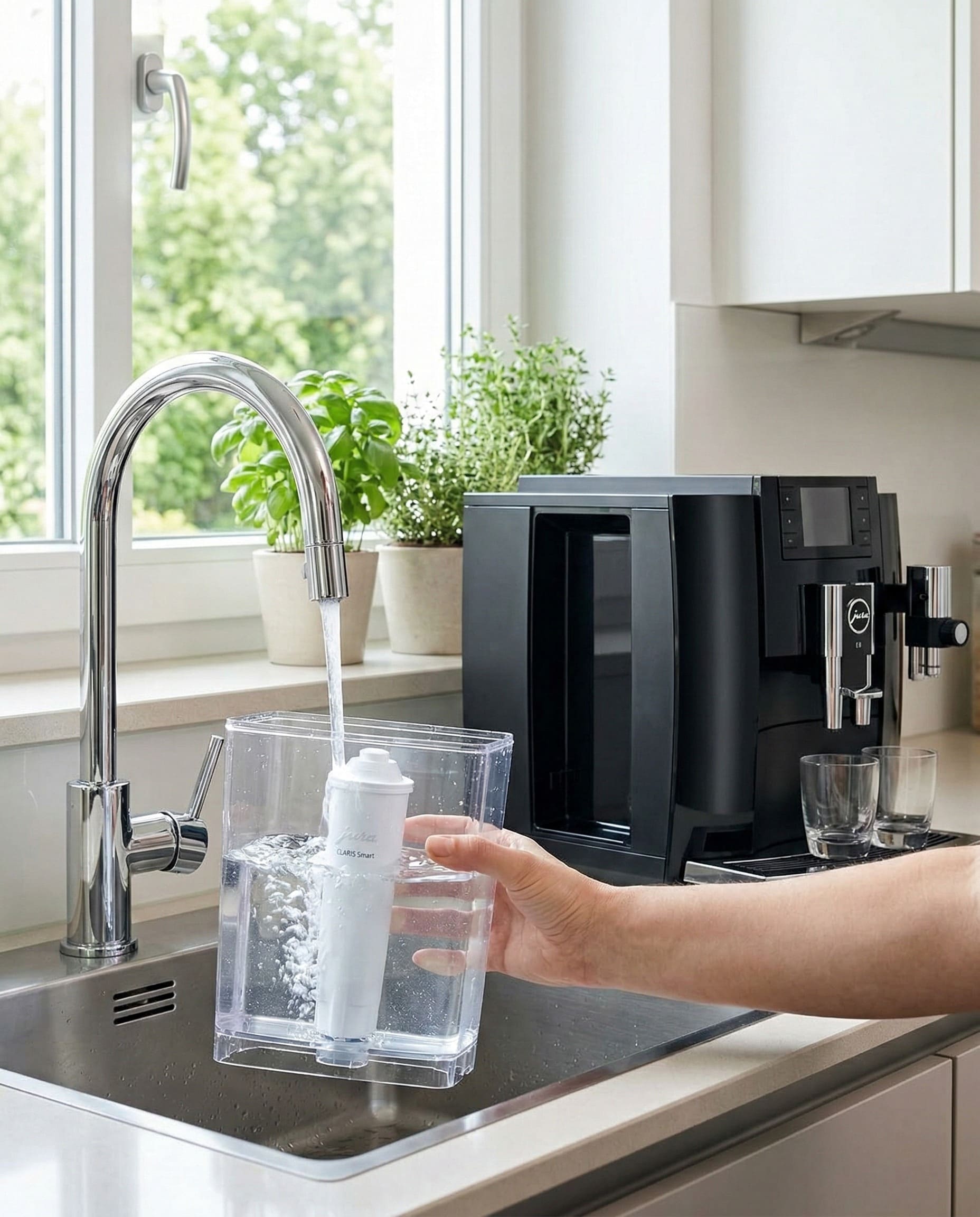 Jura E8 64 fl oz water tank with CLARIS Smart water filter removing limescale and impurities for improved brew quality