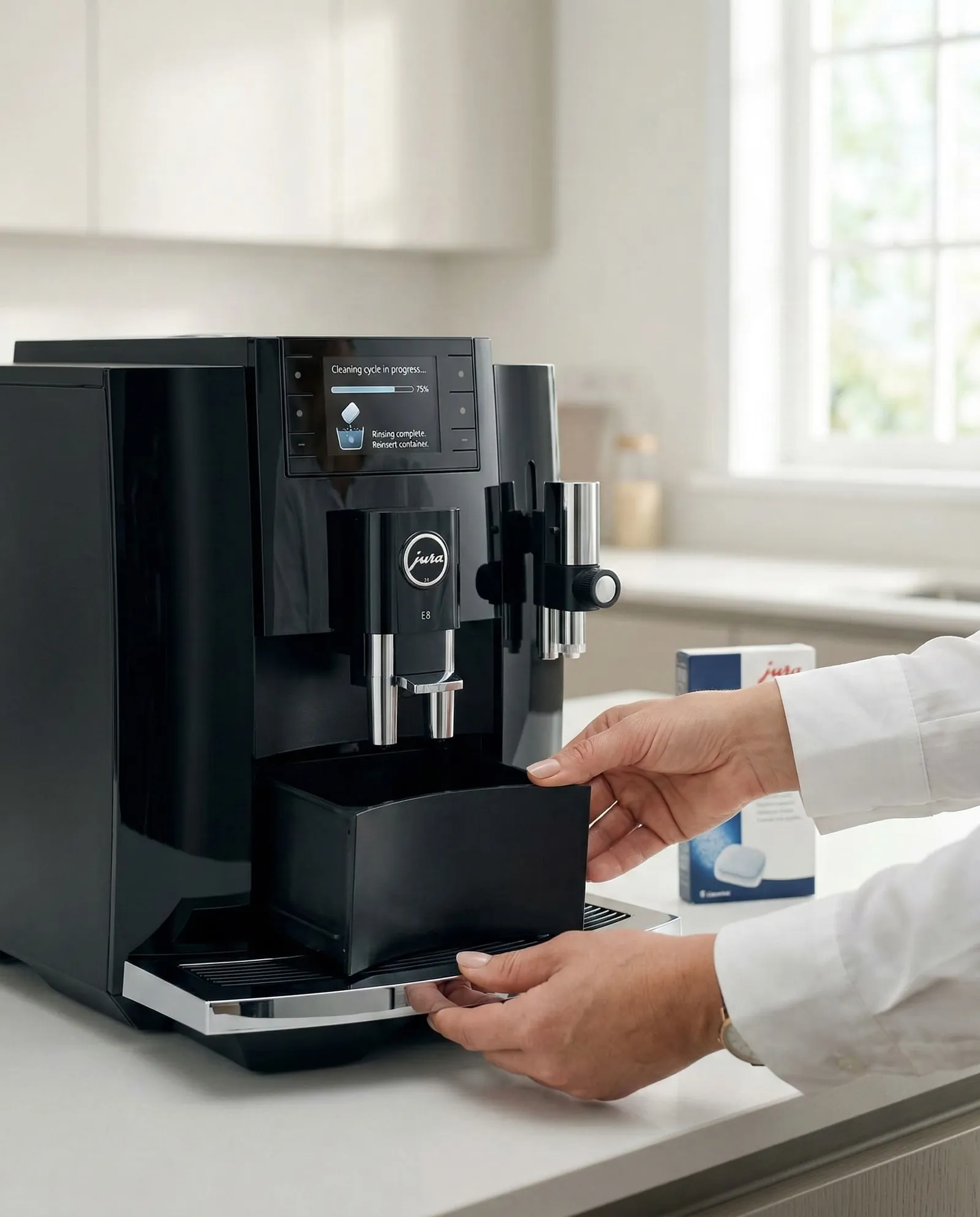 Jura E8 running its automatic cleaning cycle on a kitchen counter