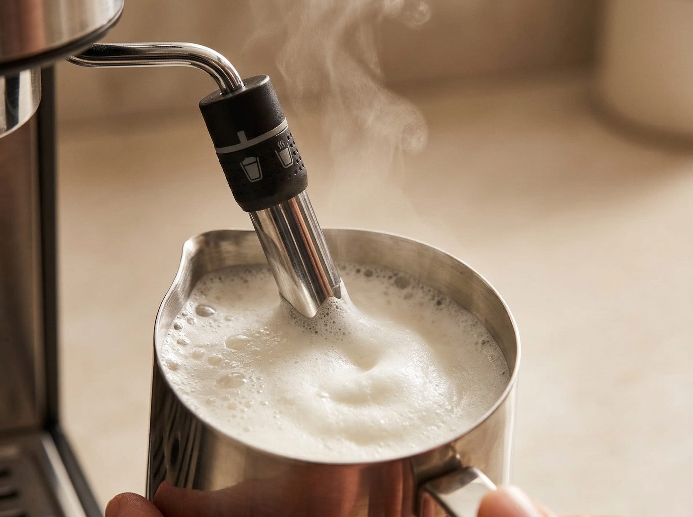 Krups XP444C50 steam wand frothing milk in a pitcher for a cappuccino