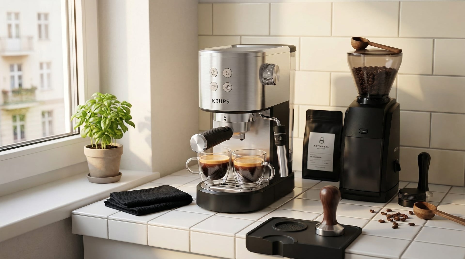 Krups XP444C50 size comparison on apartment counter showing compact footprint versus DeLonghi entry level espresso machine