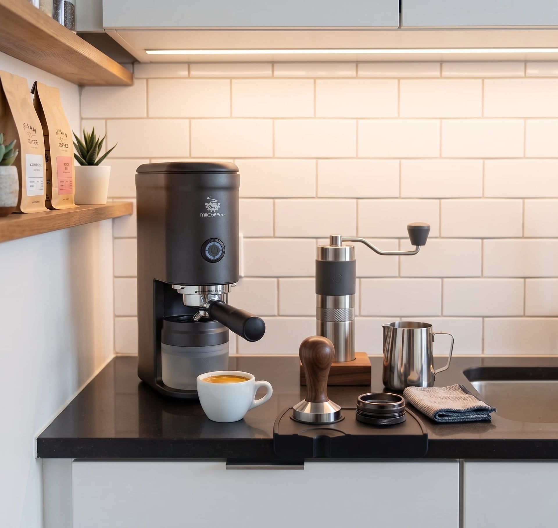 MiiCoffee Eon compact espresso machine footprint on small kitchen counter showing space-saving design