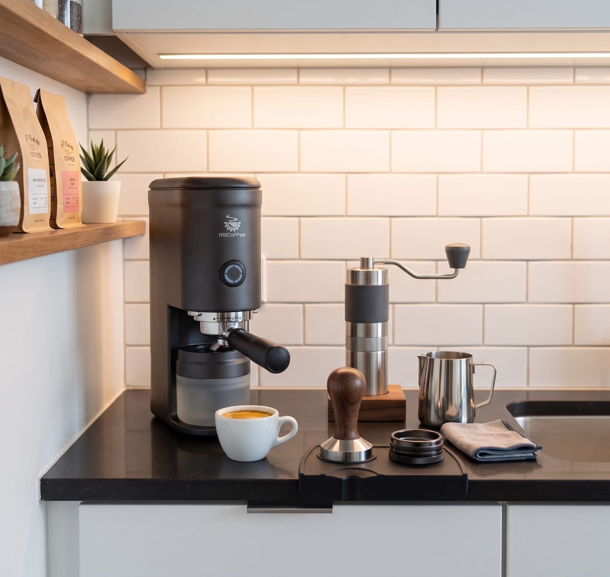 MiiCoffee Eon sitting on a small kitchen counter to show its narrow footprint