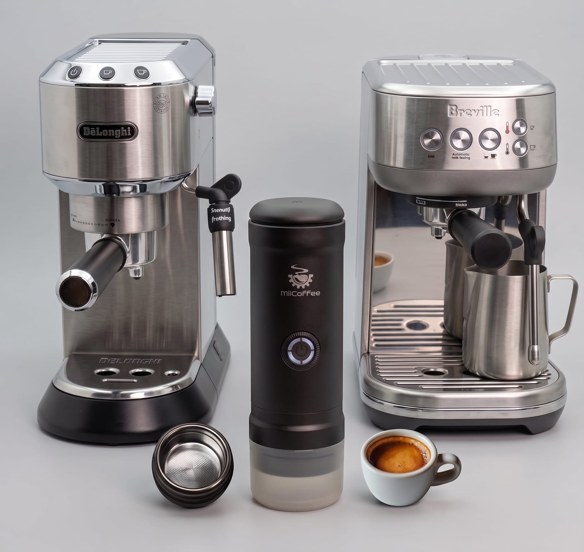 MiiCoffee Eon compact espresso machine compared to Breville Bambino Plus and DeLonghi Dedica side by side