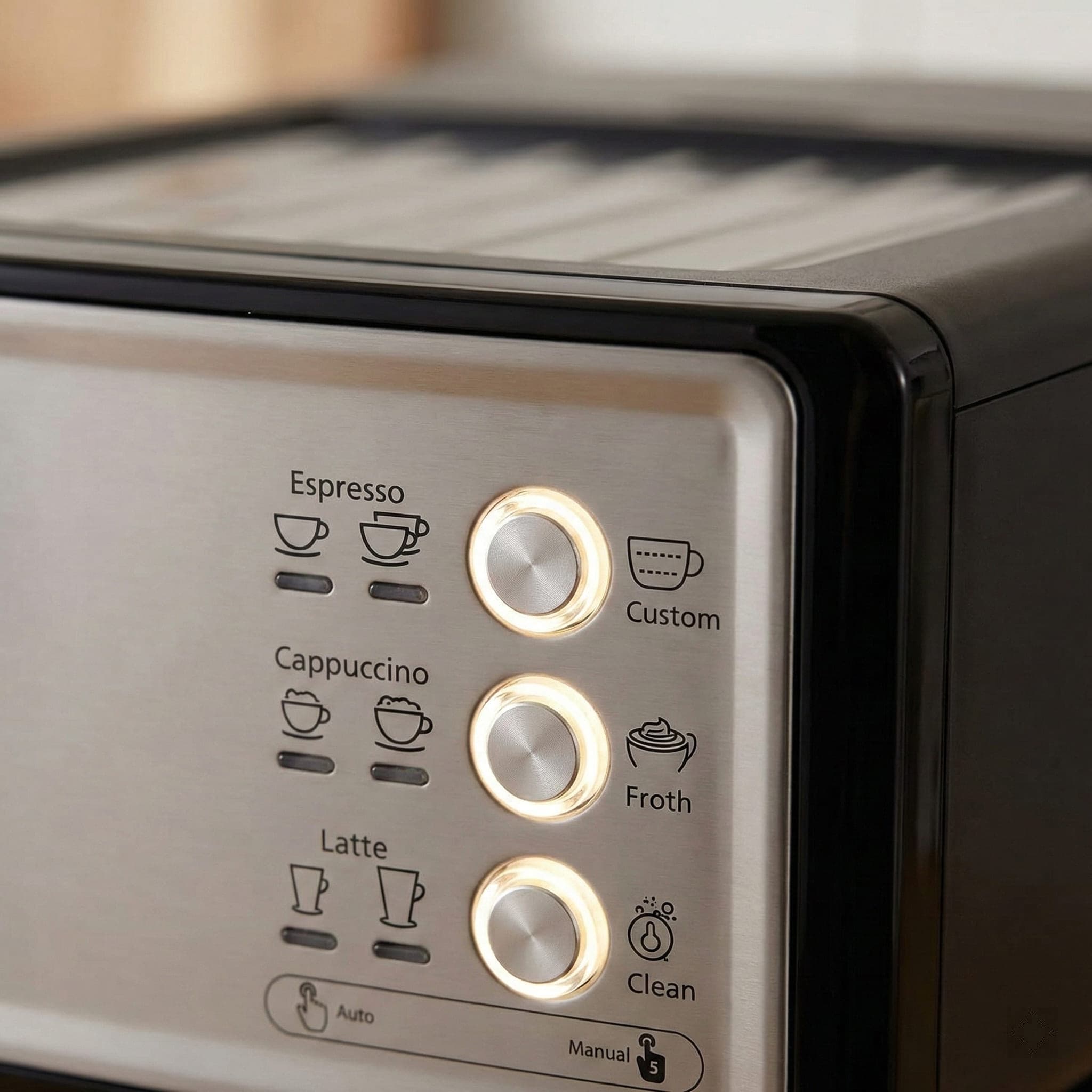 Mr. Coffee Cafe Barista one-touch control panel with beginner-friendly espresso and cappuccino buttons