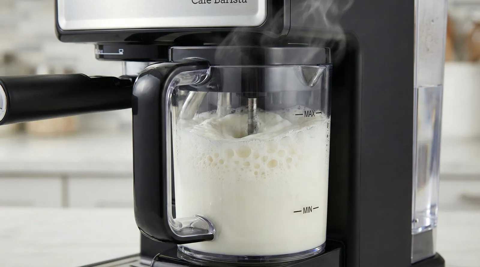Mr. Coffee Cafe Barista automatic milk frother producing foam for a cappuccino