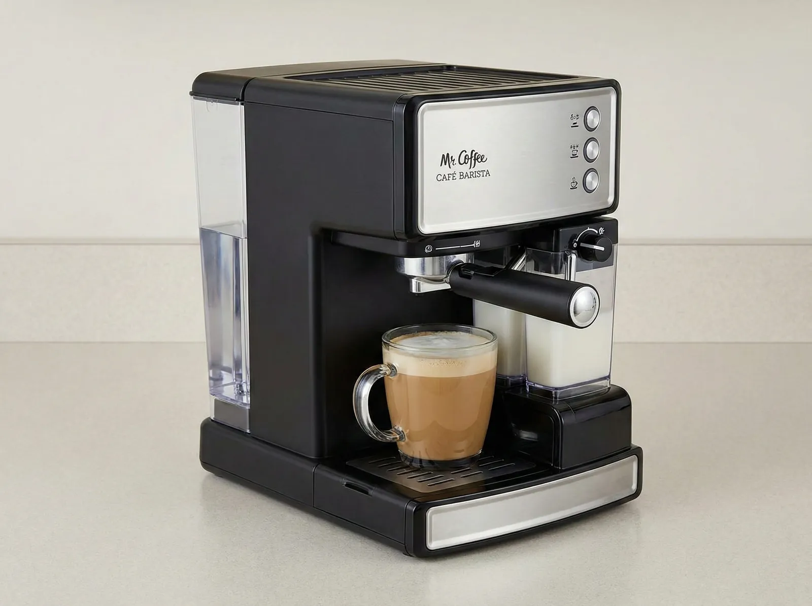 Mr. Coffee Cafe Barista with its water reservoir and removable drip tray in view