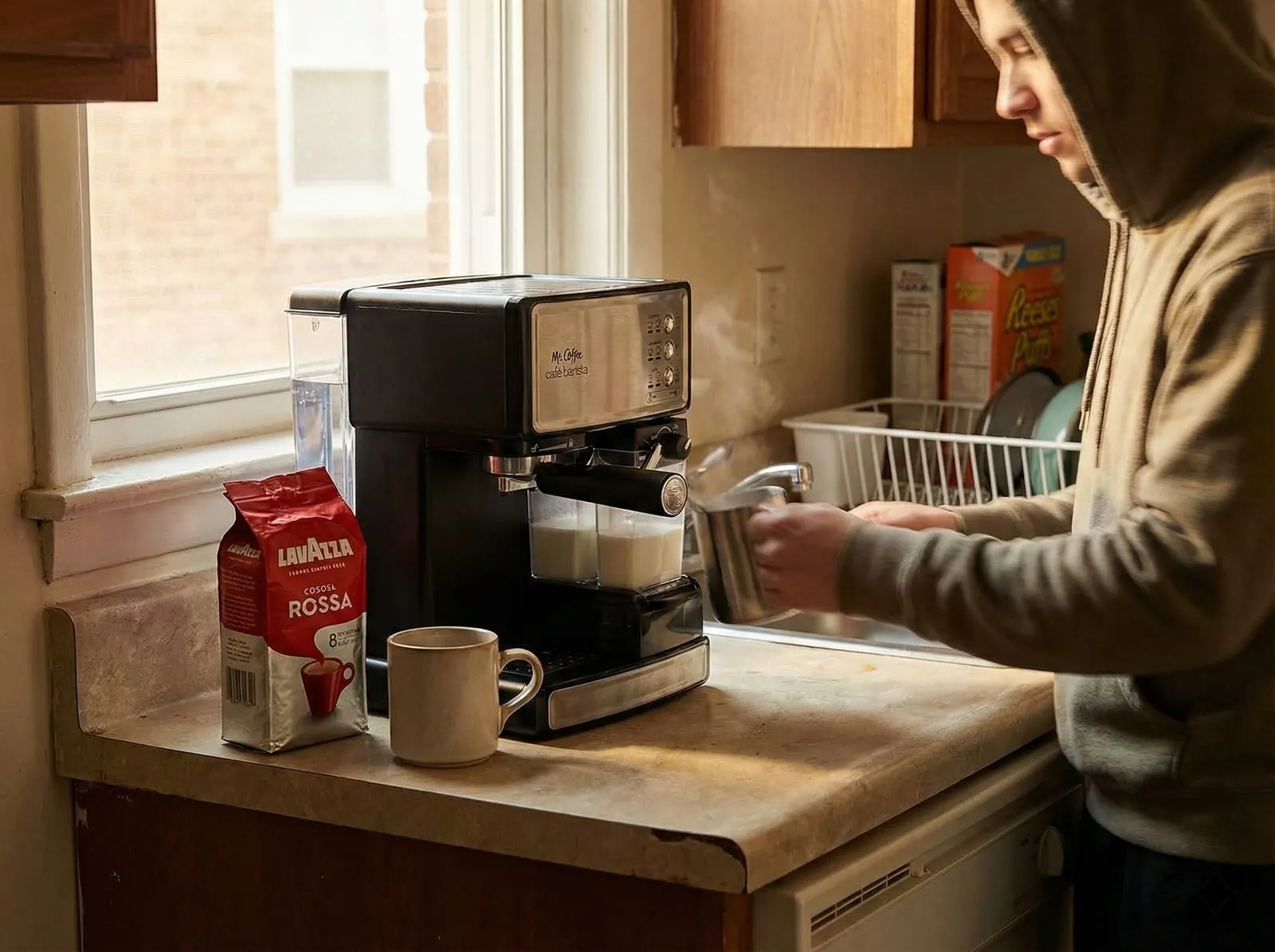 Mr. Coffee Cafe Barista espresso machine in a home kitchen with cups and coffee beans nearby