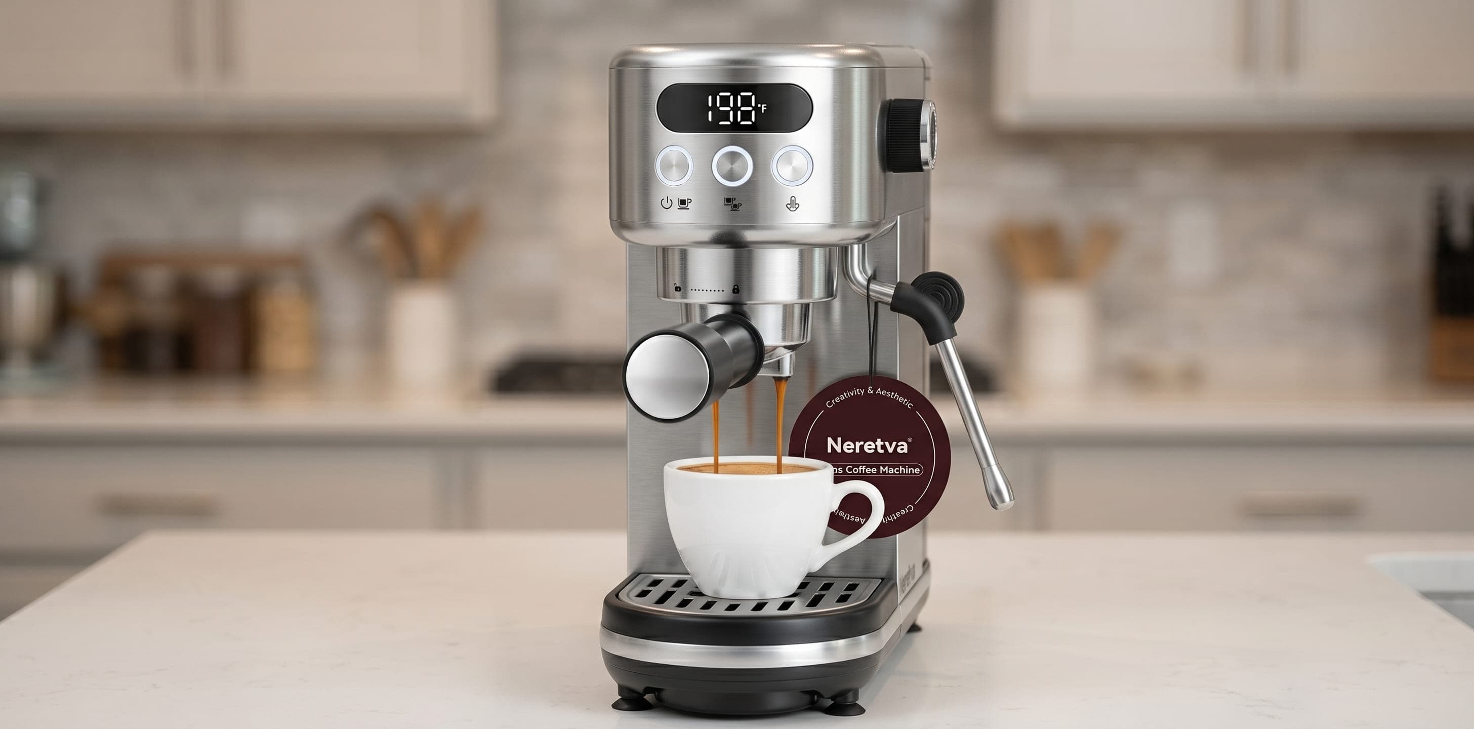 Neretva 20 bar espresso extraction shot pulling into cup crema quality budget espresso machine neretva test