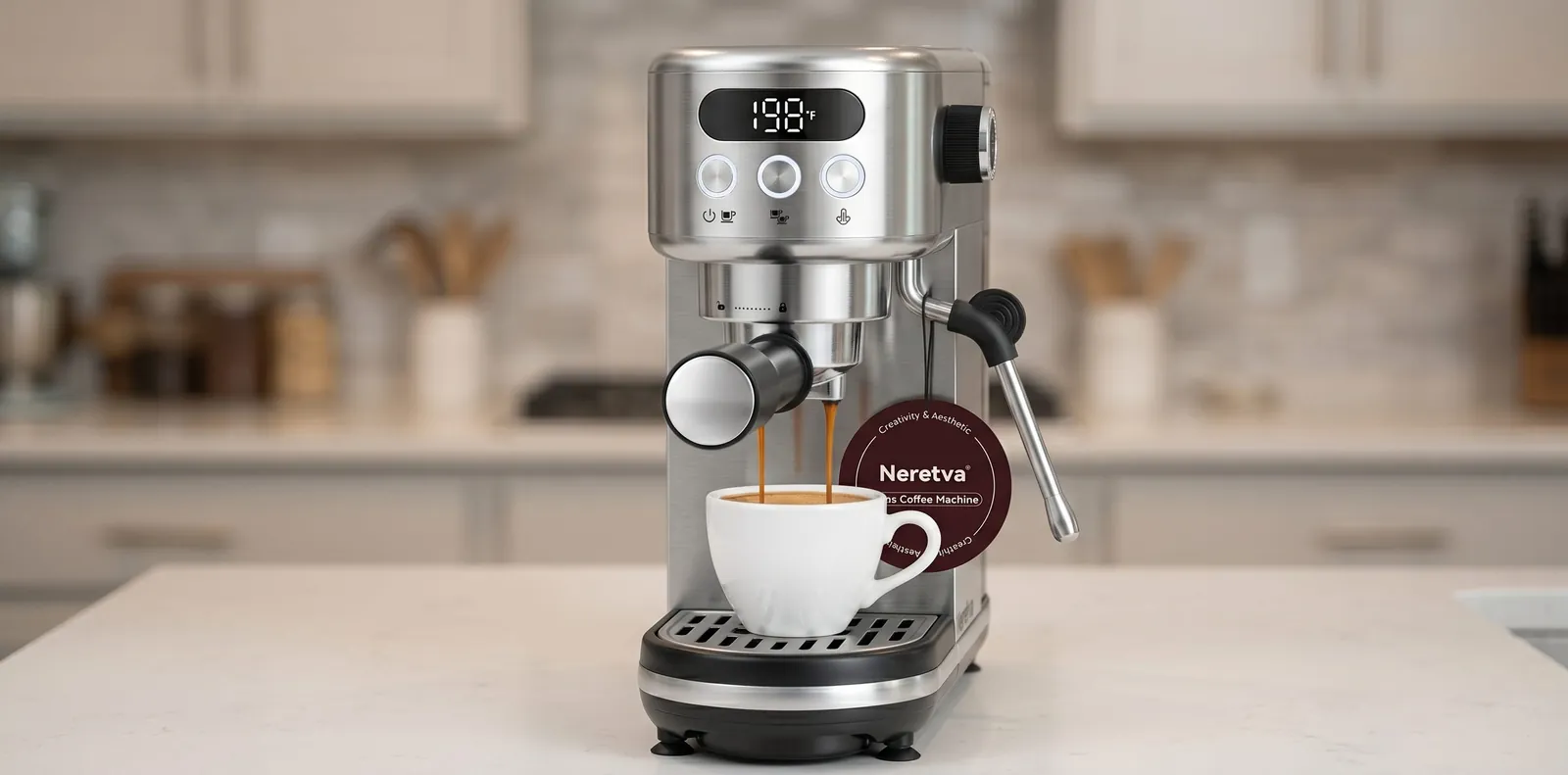 Neretva espresso machine pulling a shot of espresso with crema into a cup