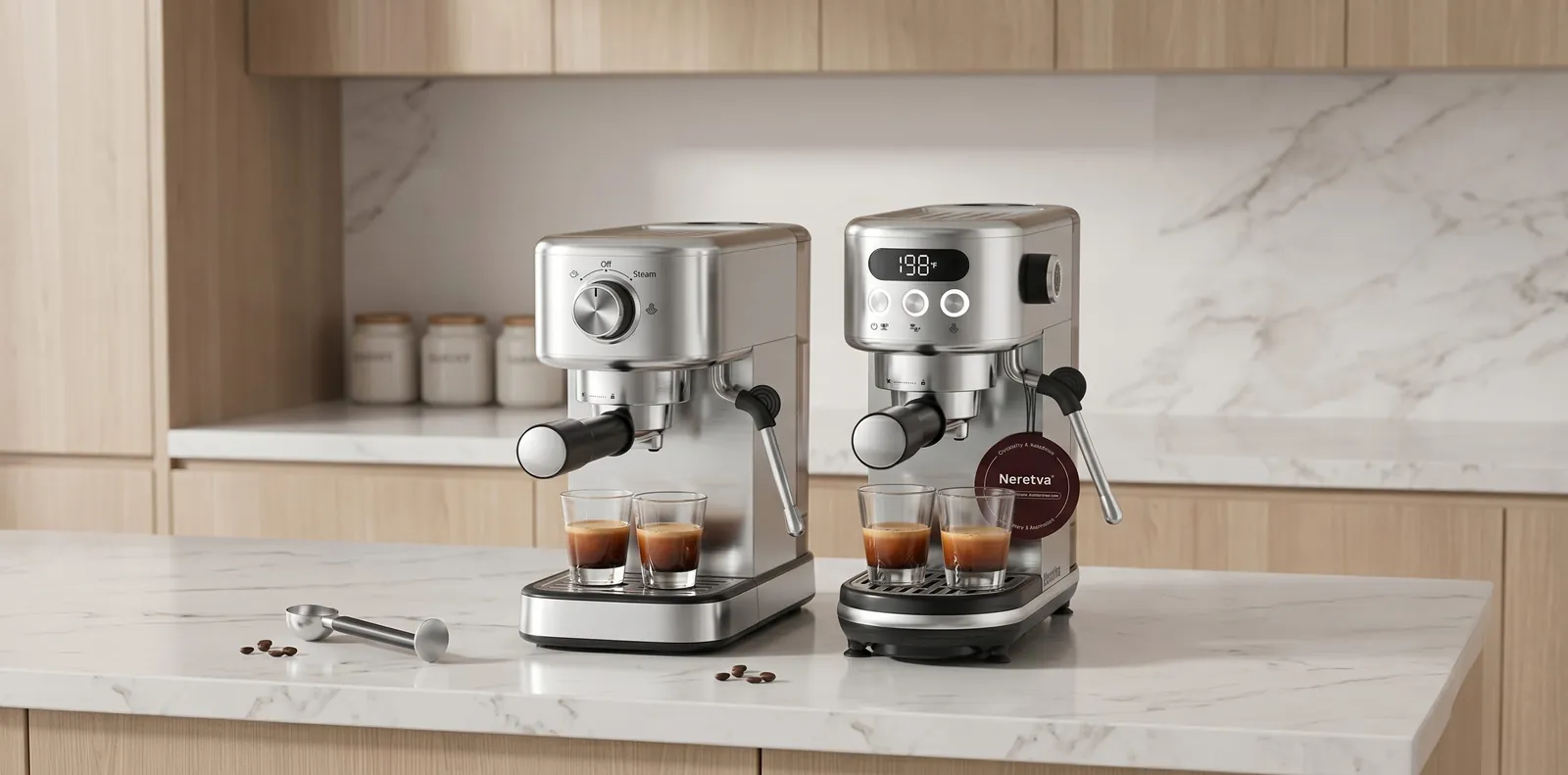 Neretva espresso machine beside a De'Longhi Stilosa EC260 to compare size on a kitchen counter