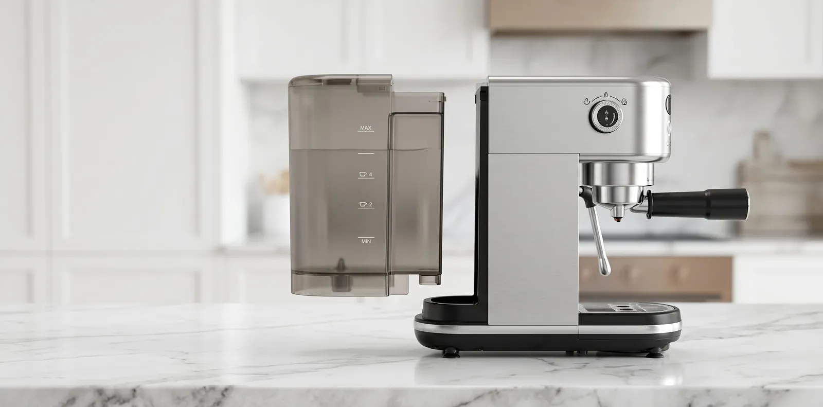 Neretva espresso machine removable water tank detached to show its capacity