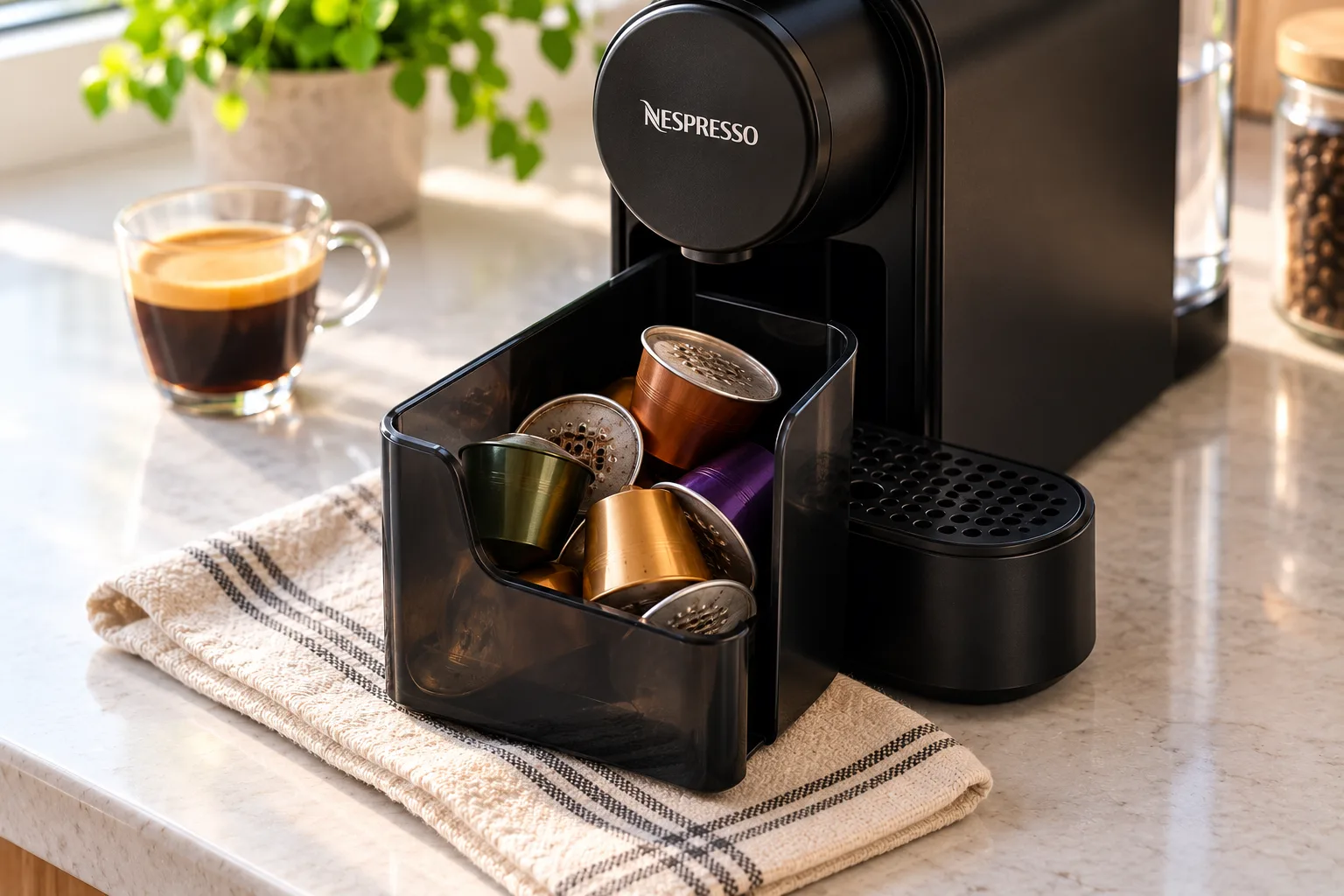 Used-capsule container pulled out of a black capsule machine, holding used coffee capsules, on a striped tea towel