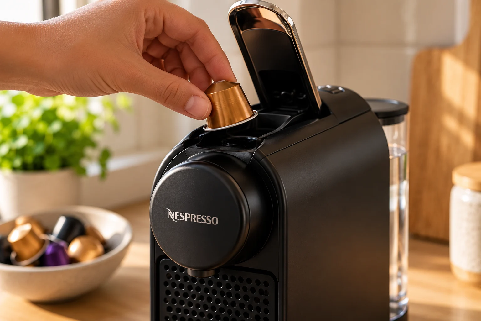 Hand placing a small aluminium coffee capsule into an open capsule machine