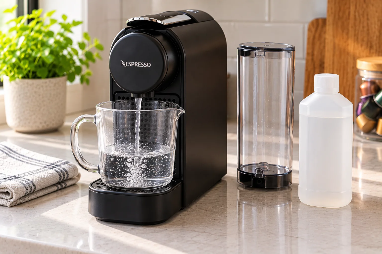 Capsule machine running water into a glass jug next to a bottle of descaler