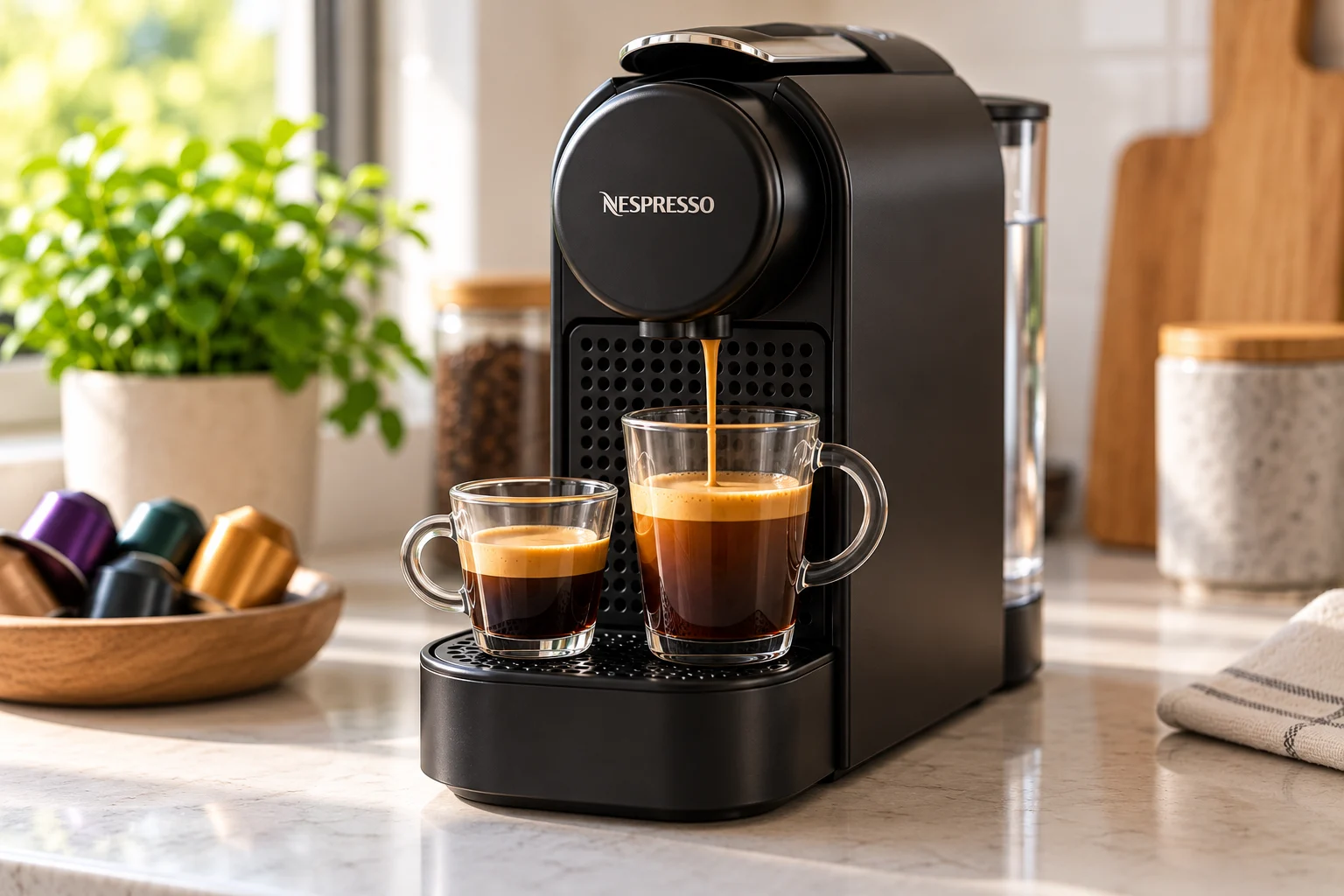 Espresso pouring into a glass cup beside a smaller espresso on a black capsule machine