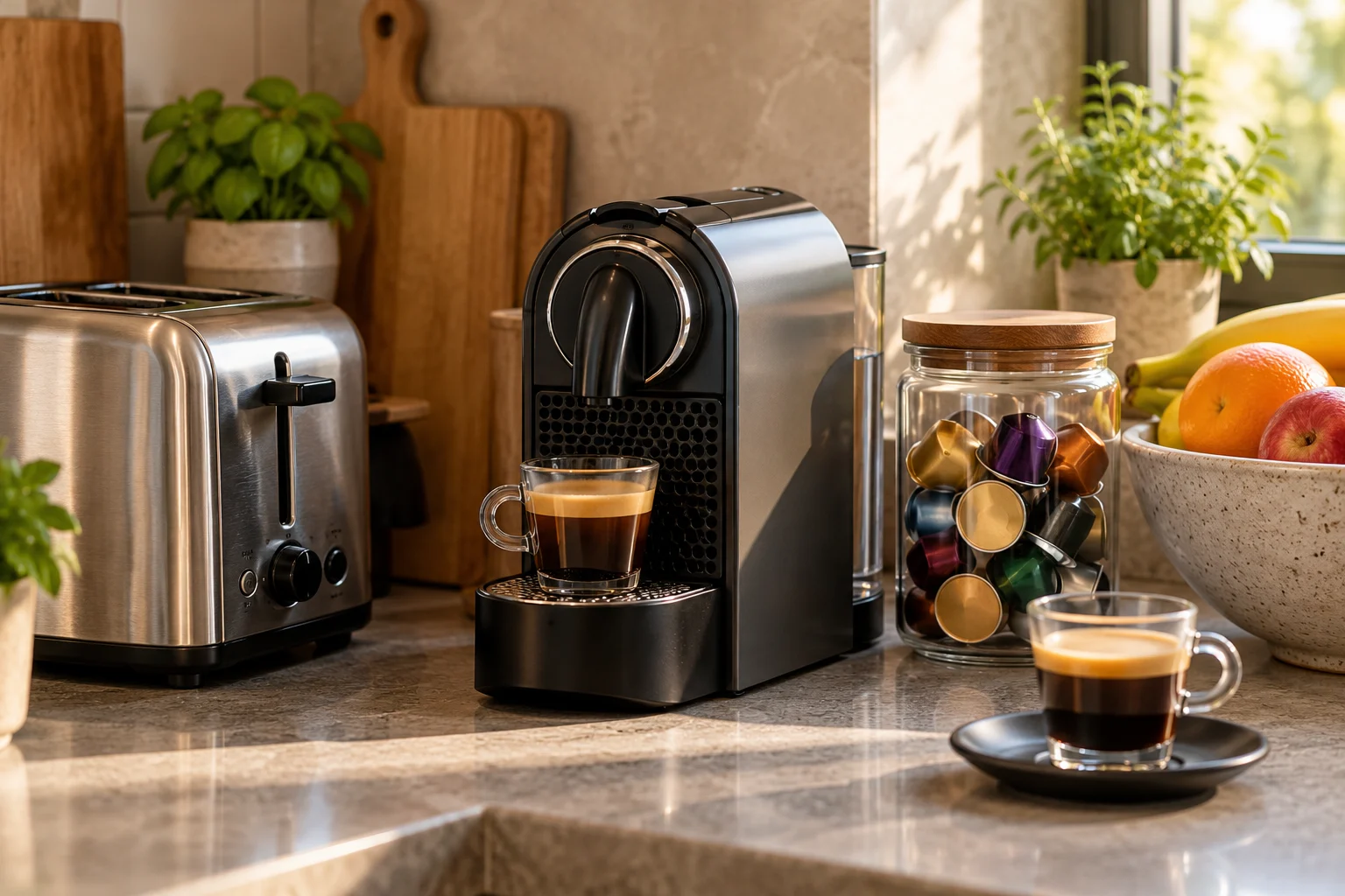 Compact capsule machine between a toaster and a fruit bowl, with a jar of capsules and espresso cups on the counter