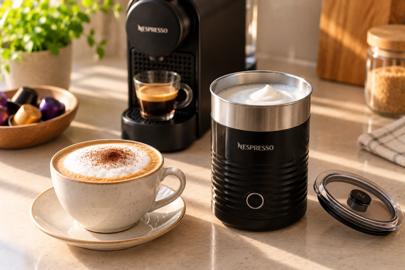 Electric milk frother full of foam next to a cappuccino cup