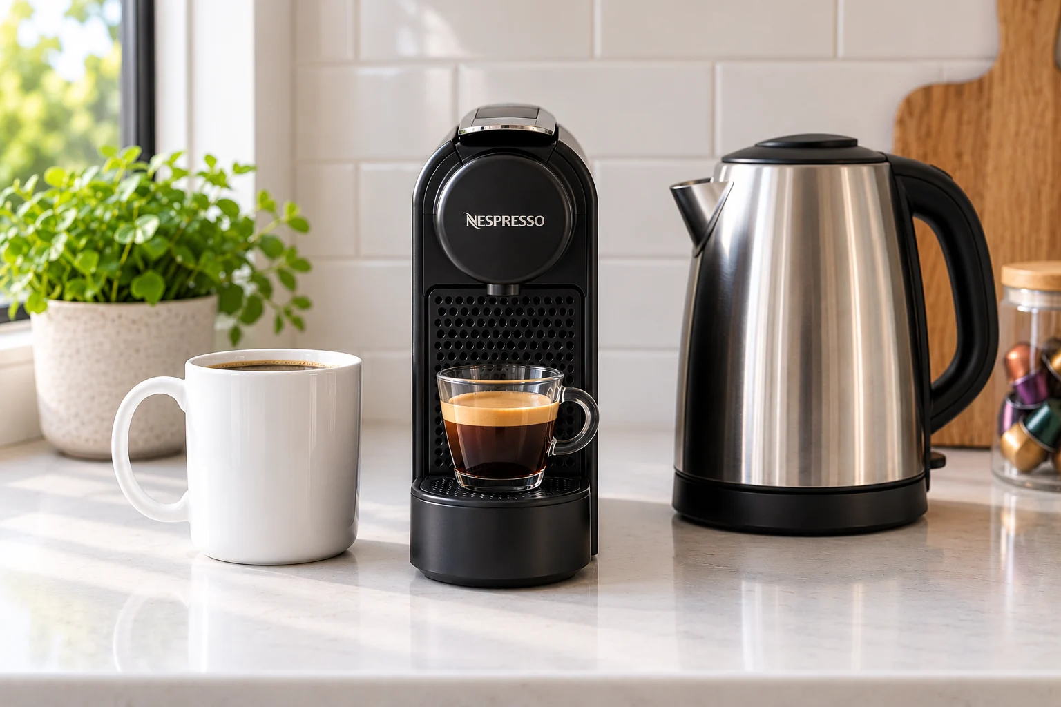 Slim capsule espresso machine beside a white mug and a kettle on a counter