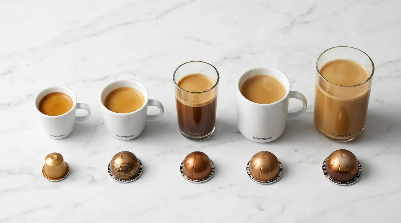 Nespresso Vertuo cups lined up side by side to show the range of drink sizes