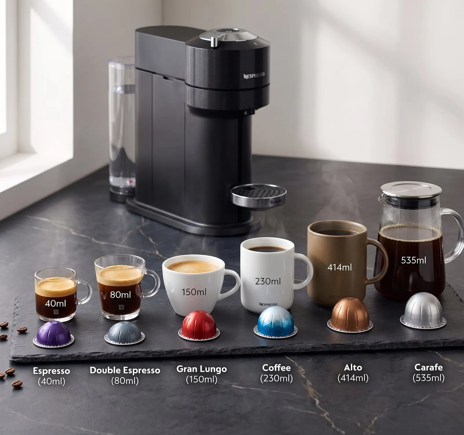 Nespresso Vertuo Next with cups lined up to show its range of drink sizes