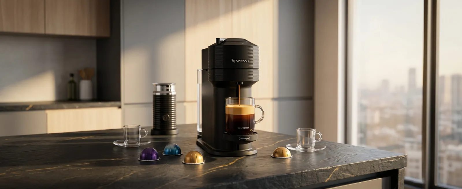 Nespresso Vertuo Next in matte black with the brew head open and a Vertuo capsule showing