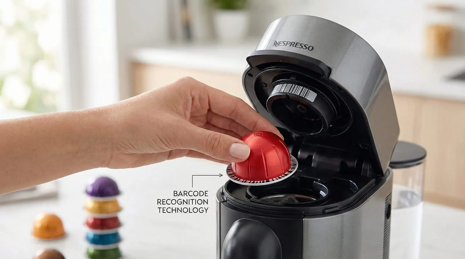 Nespresso VertuoPlus capsule being inserted with its barcode facing the reader