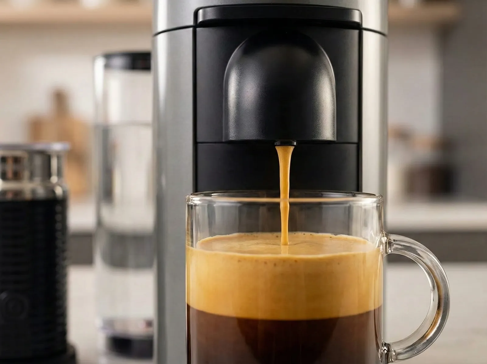 Nespresso VertuoPlus coffee in a cup with a thick layer of crema on top