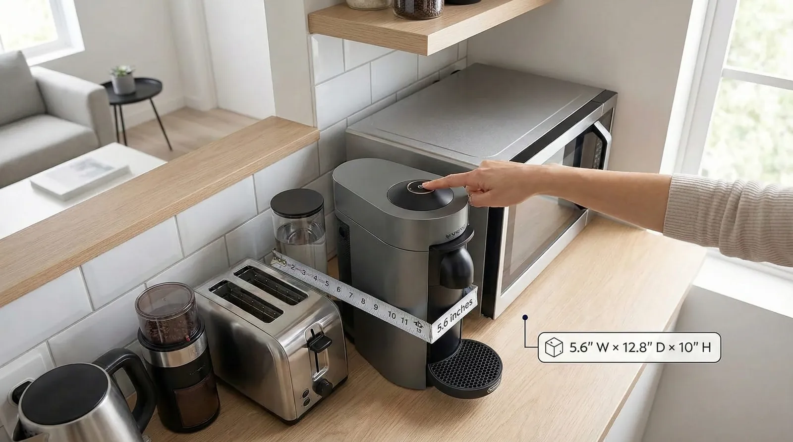 Nespresso VertuoPlus compact body sitting on a small kitchen counter