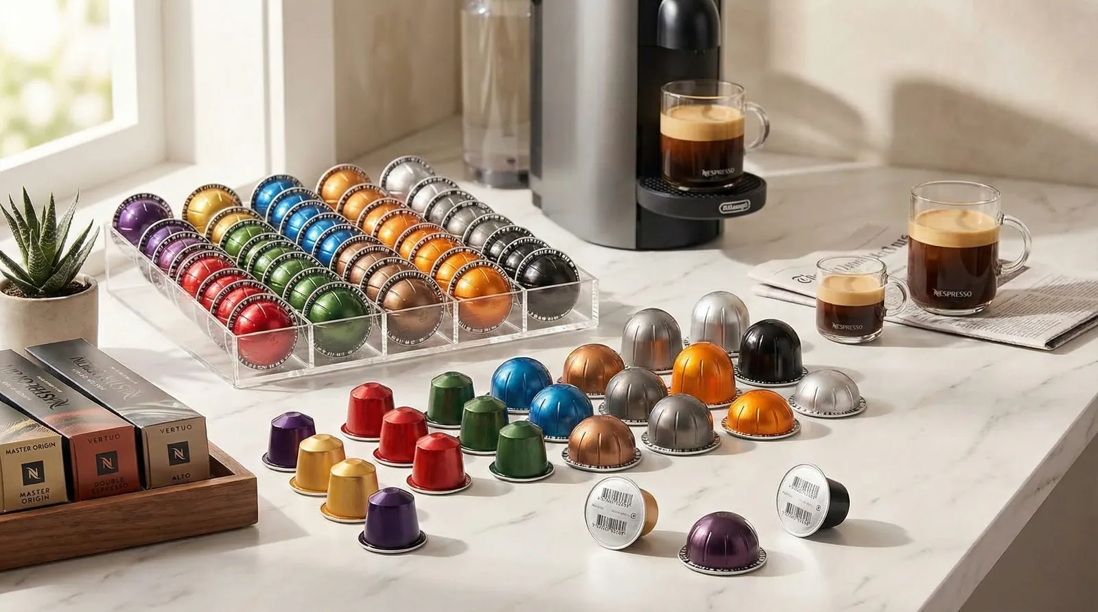 Nespresso Vertuo capsules in several sizes lined up next to the VertuoPlus
