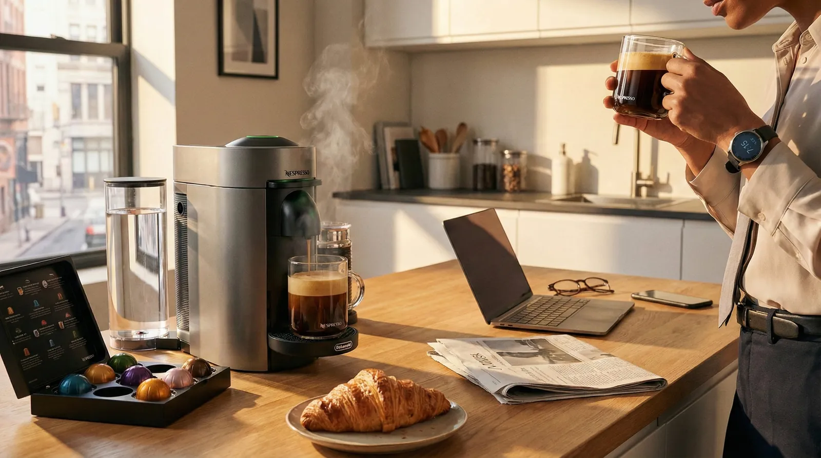 Nespresso VertuoPlus brewing a cup of coffee on a morning kitchen counter