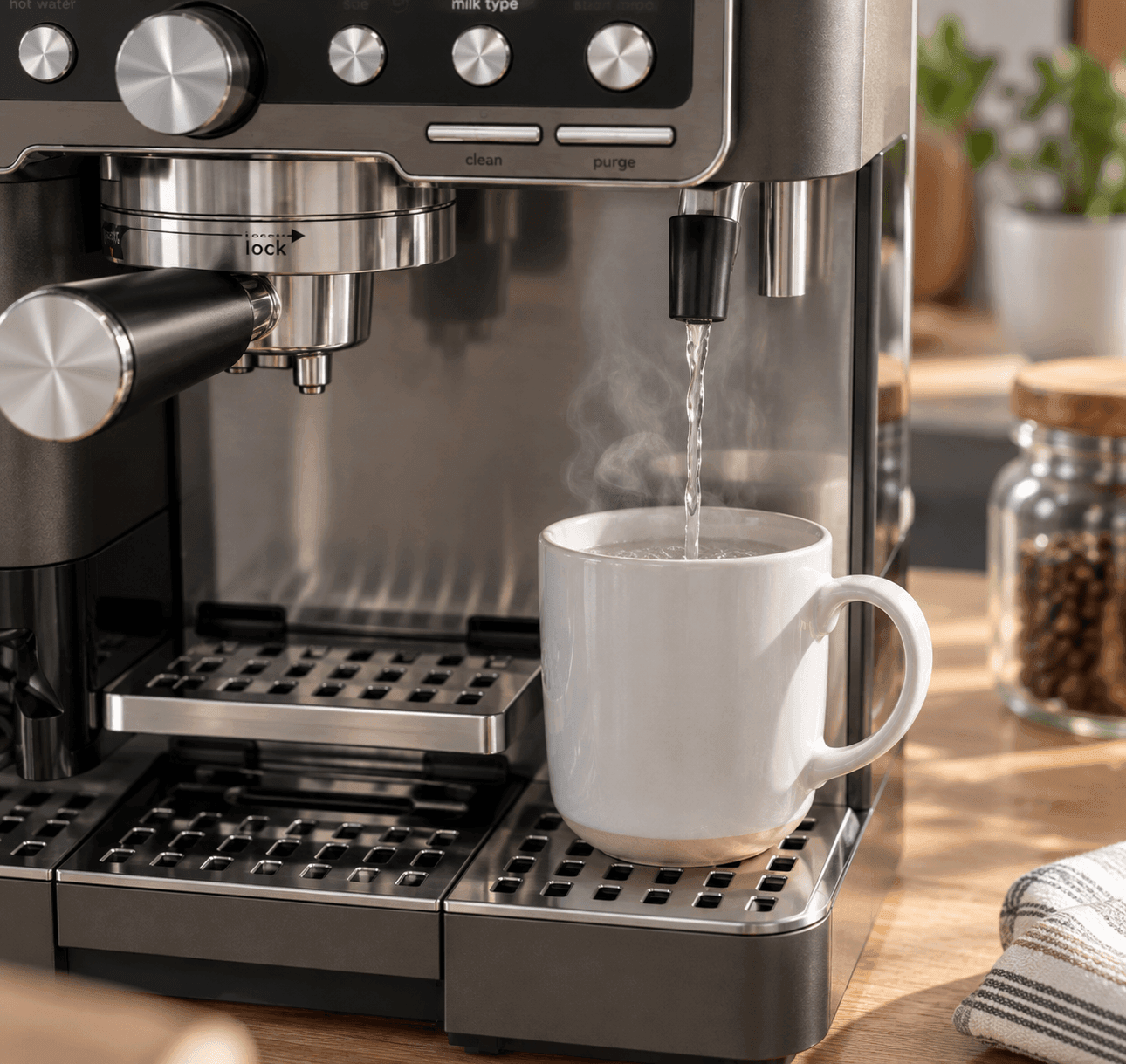 Ninja Luxe Café Pro dedicated hot water tap dispensing into a cup in the cup tray area