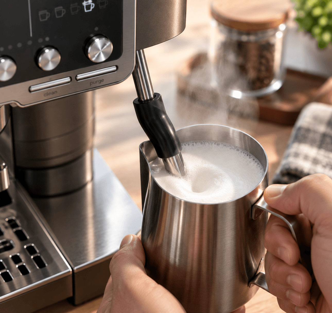 Ninja Luxe Café Pro insulated steam wand frothing milk in the included XL milk jug