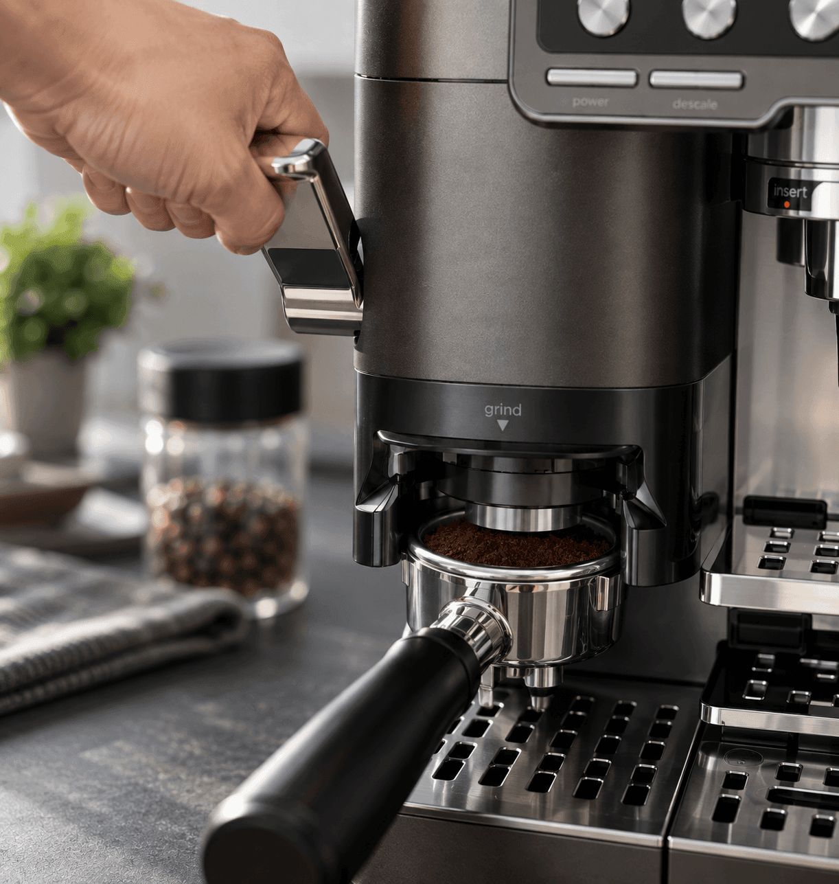 Ninja Luxe Café Pro integrated lever-activated Barista Assist tamper positioned over a portafilter
