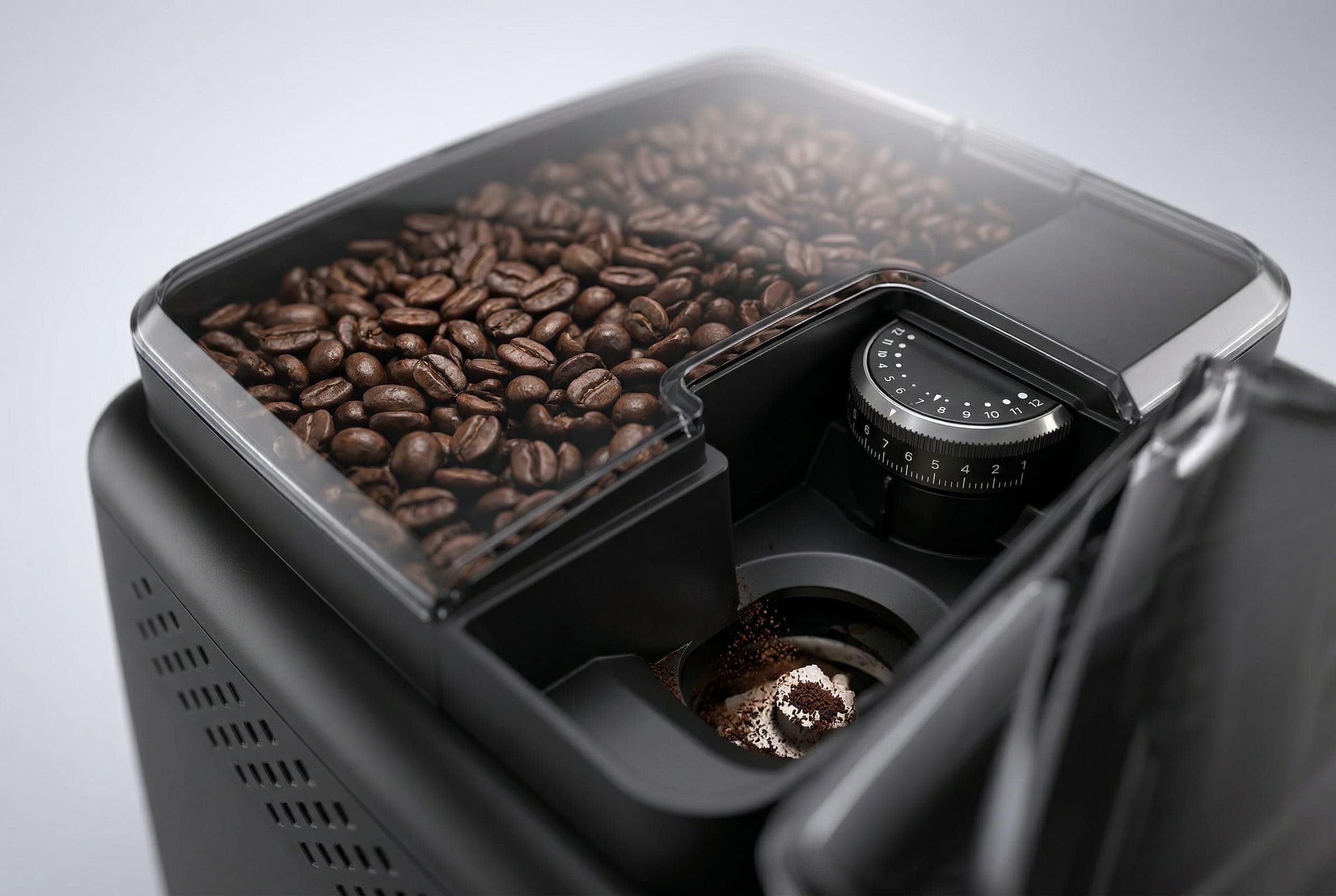 Philips 3200 LatteGo ceramic grinder dial and bean hopper in close-up