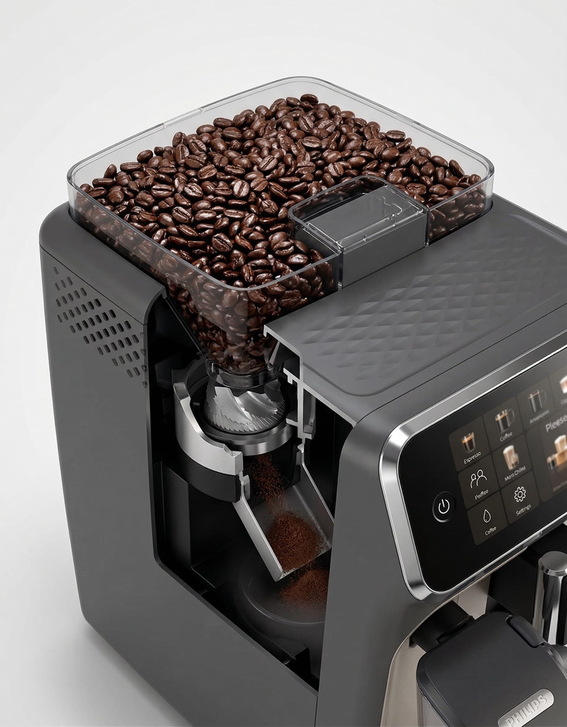 Philips 5500 Series ceramic burr grinder and bean hopper in close-up