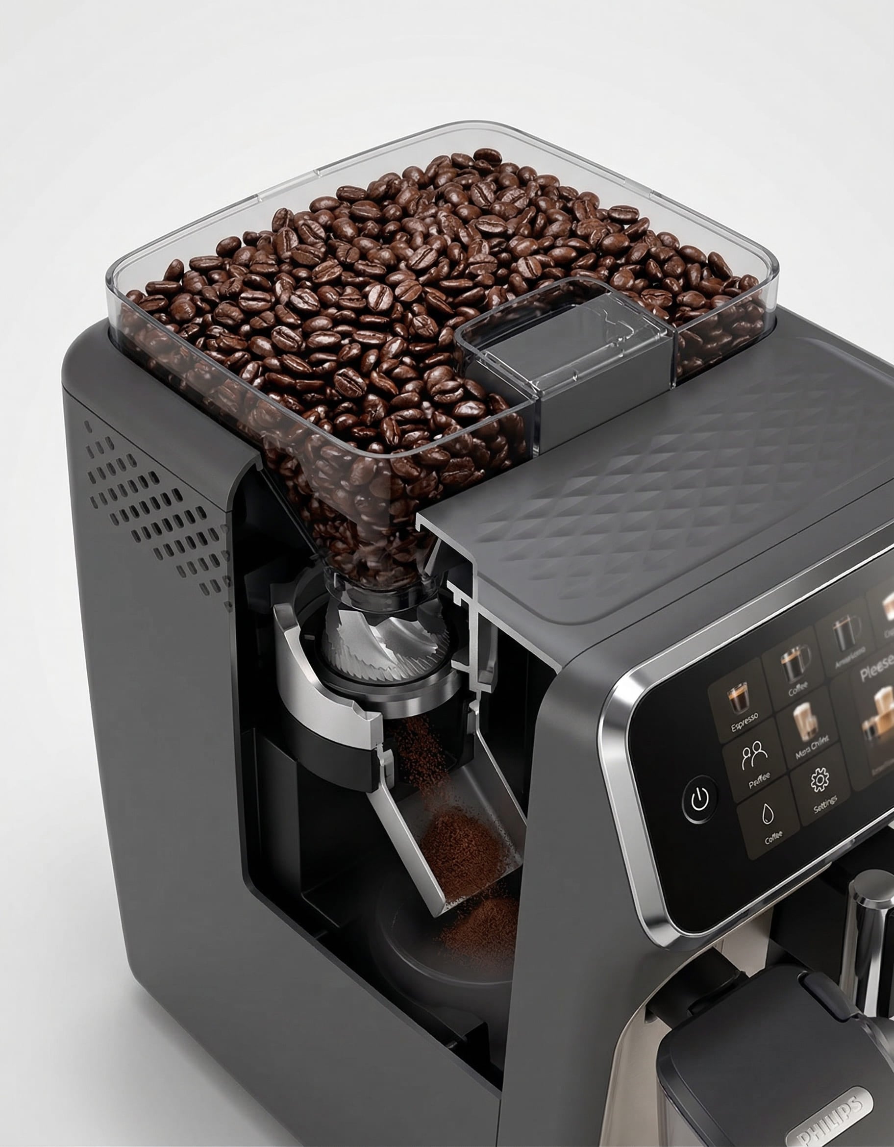 Philips 5500 Series built-in ceramic burr grinder with 5 grind settings and 200g bean hopper for fresh bean-to-cup brewing