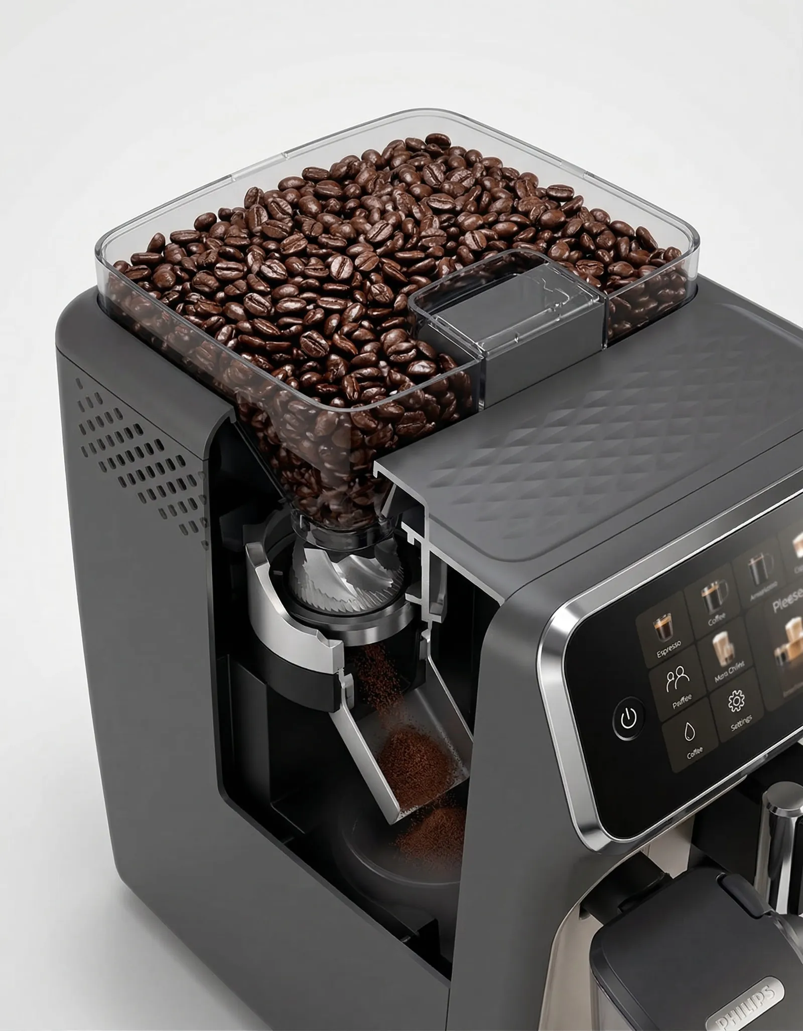 Philips 5500 Series ceramic burr grinder and bean hopper in close-up