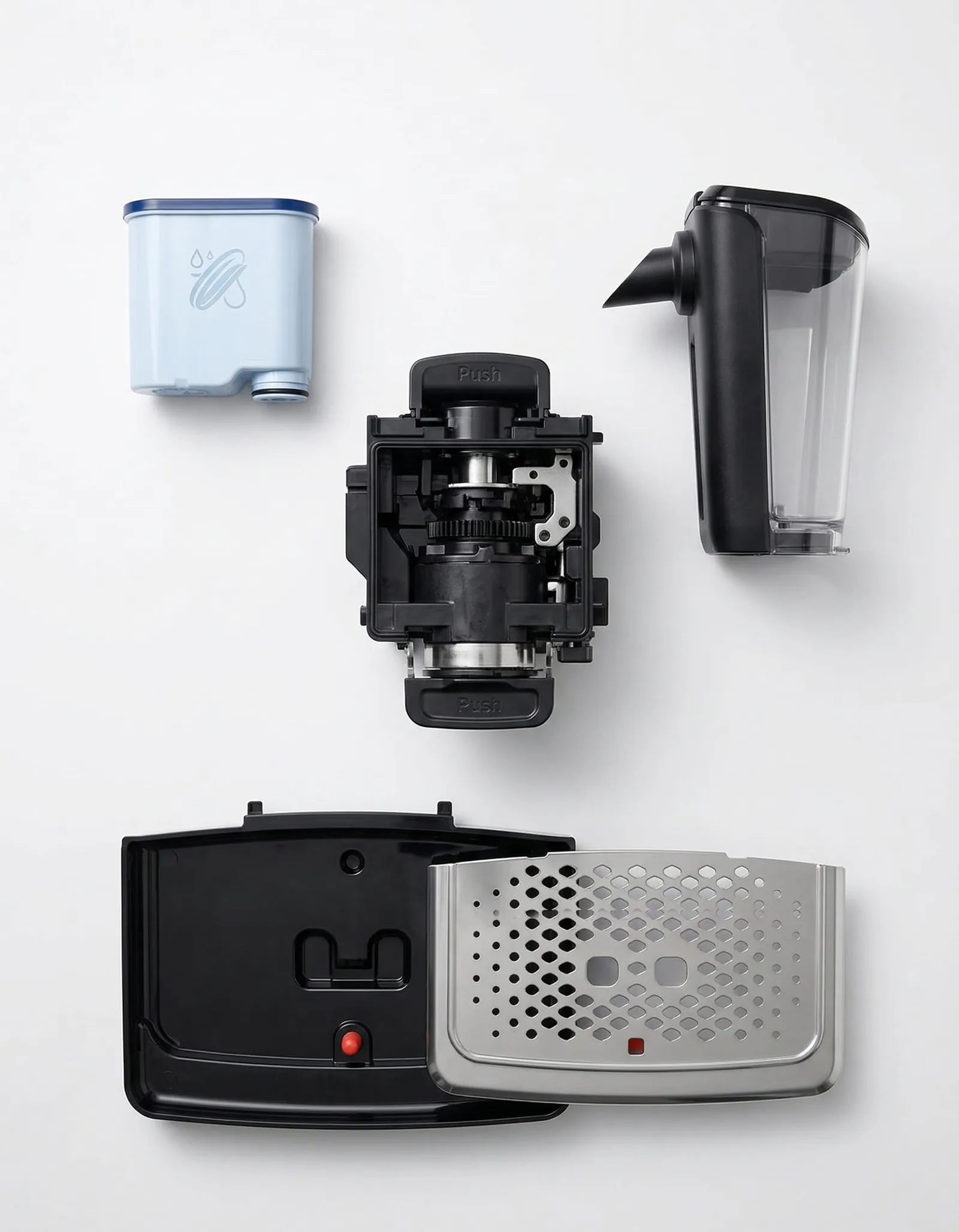 Philips 5500 Series removable brew unit, drip tray and LatteGo parts laid out for cleaning