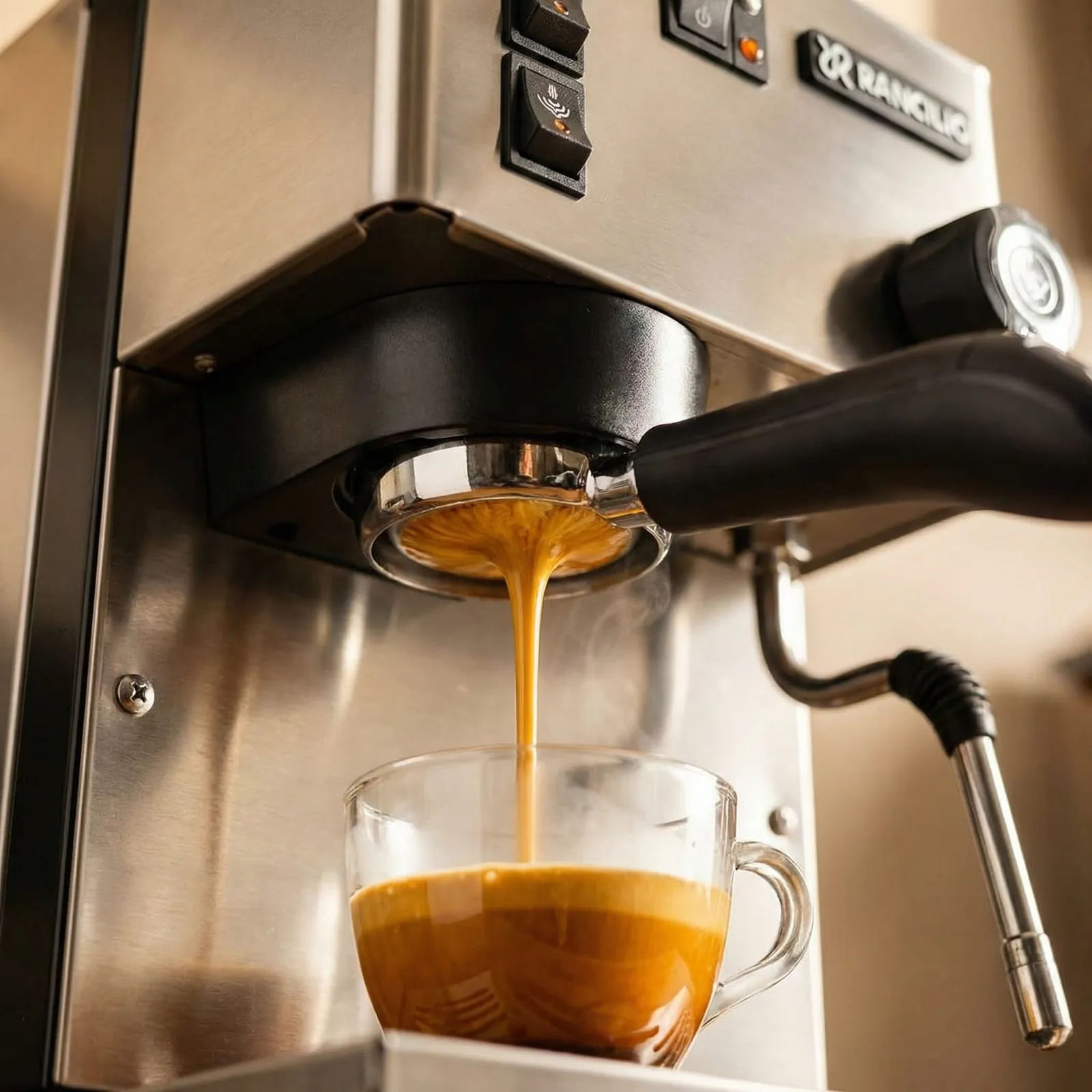 Rancilio Silvia pulling an espresso shot with golden crema from a precision basket