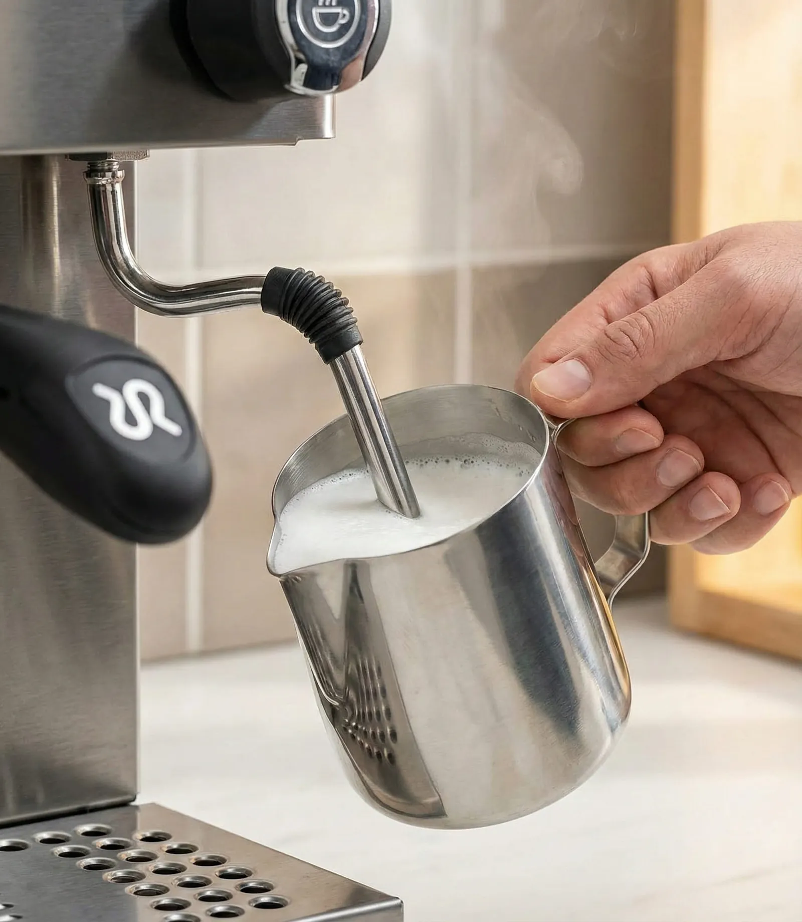 Rancilio Silvia steam wand with its four-hole tip texturing milk into microfoam