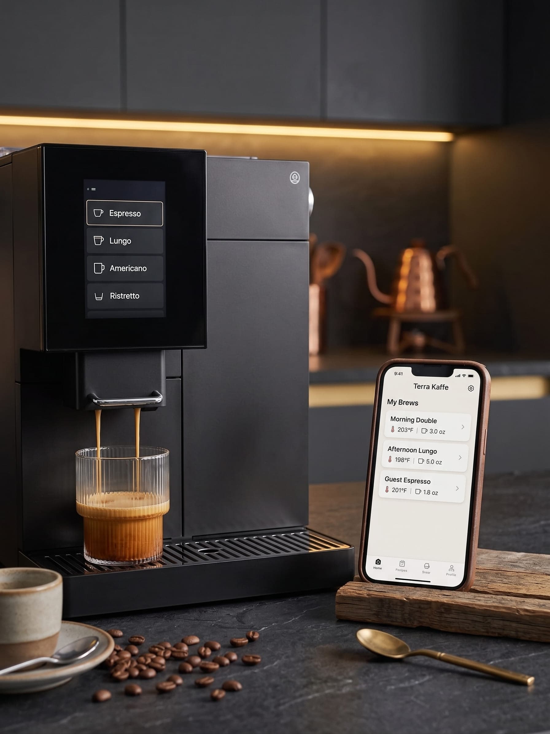 Terra Kaffe TK-02 3.5-inch touchscreen interface showing brew customisation menu alongside iOS smartphone app displaying saved espresso recipe profiles