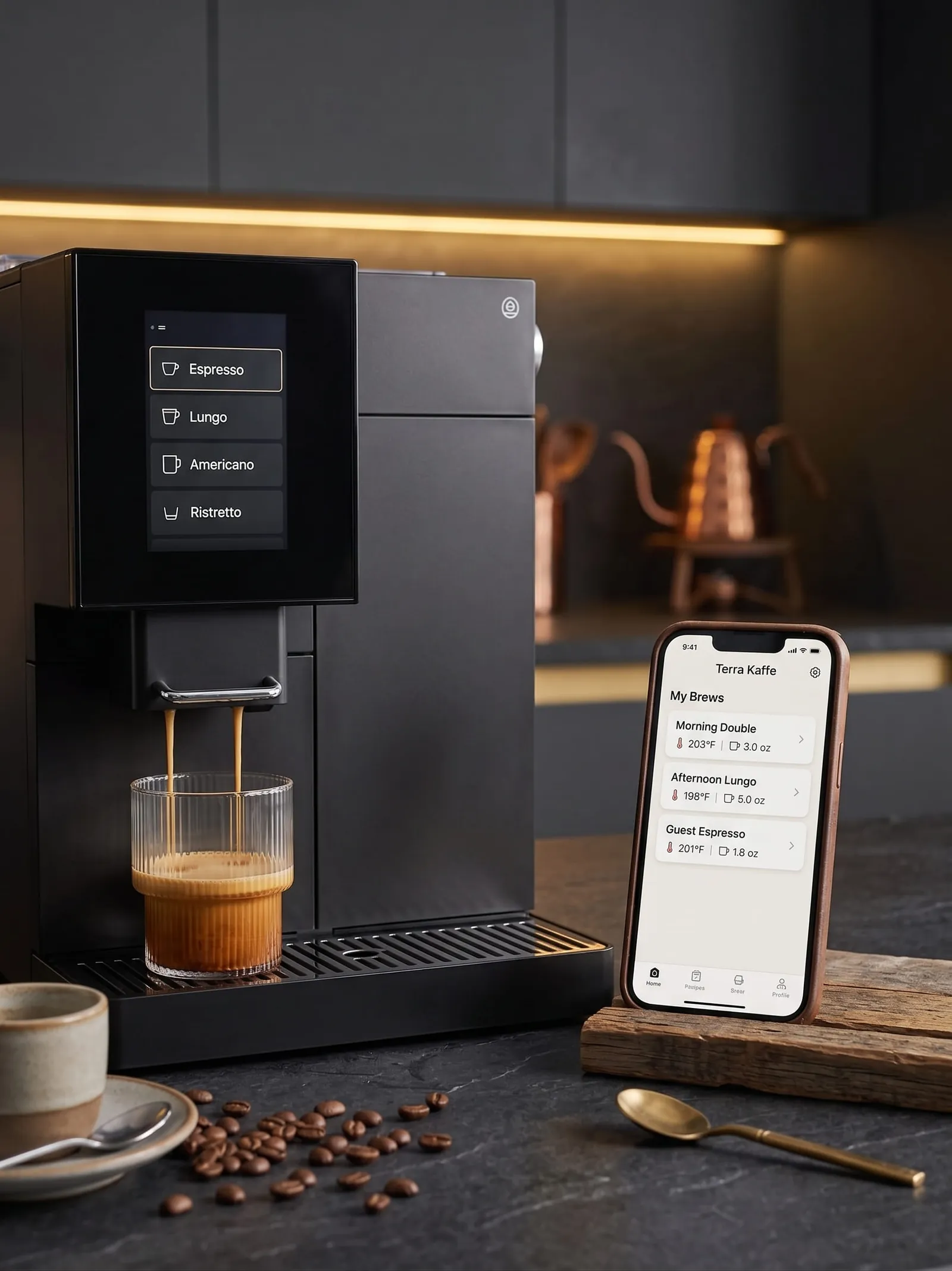 Terra Kaffe TK-02 touchscreen brew menu shown next to the smartphone app with saved recipes