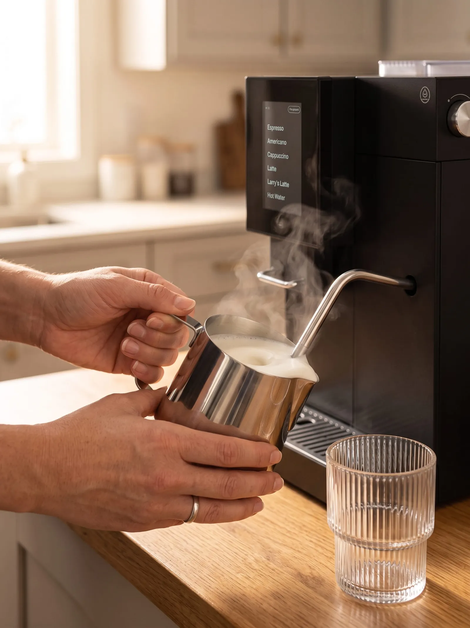 Terra Kaffe TK-02 manual steam wand texturing milk in a stainless pitcher for a flat white