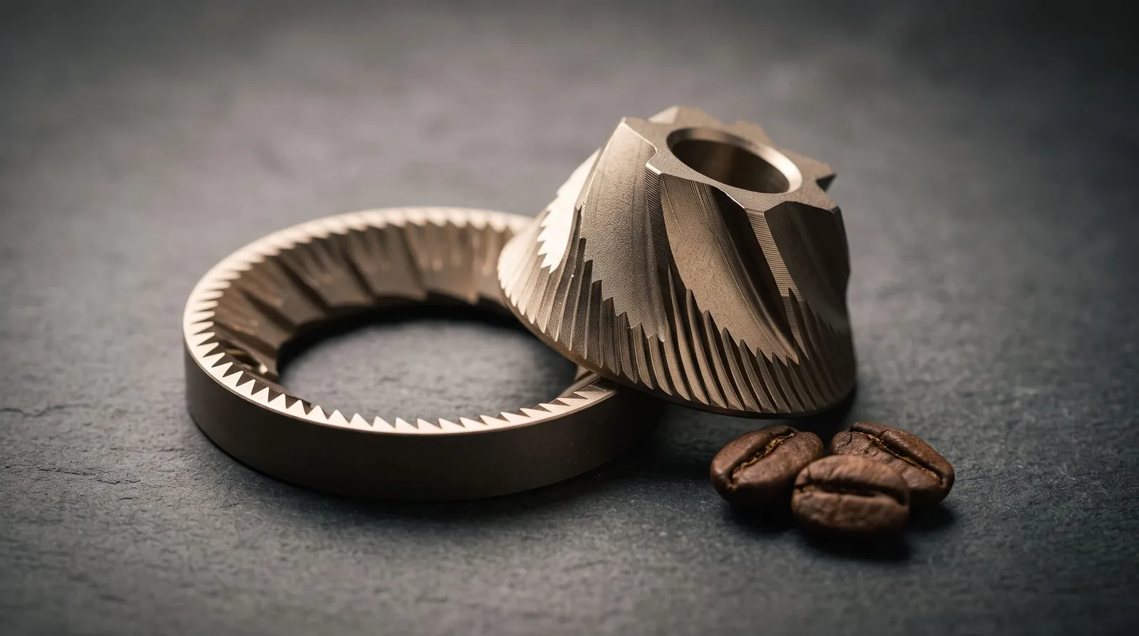 1Zpresso K-Ultra 48mm conical burr set shown in a macro close-up of the milled cutting edges