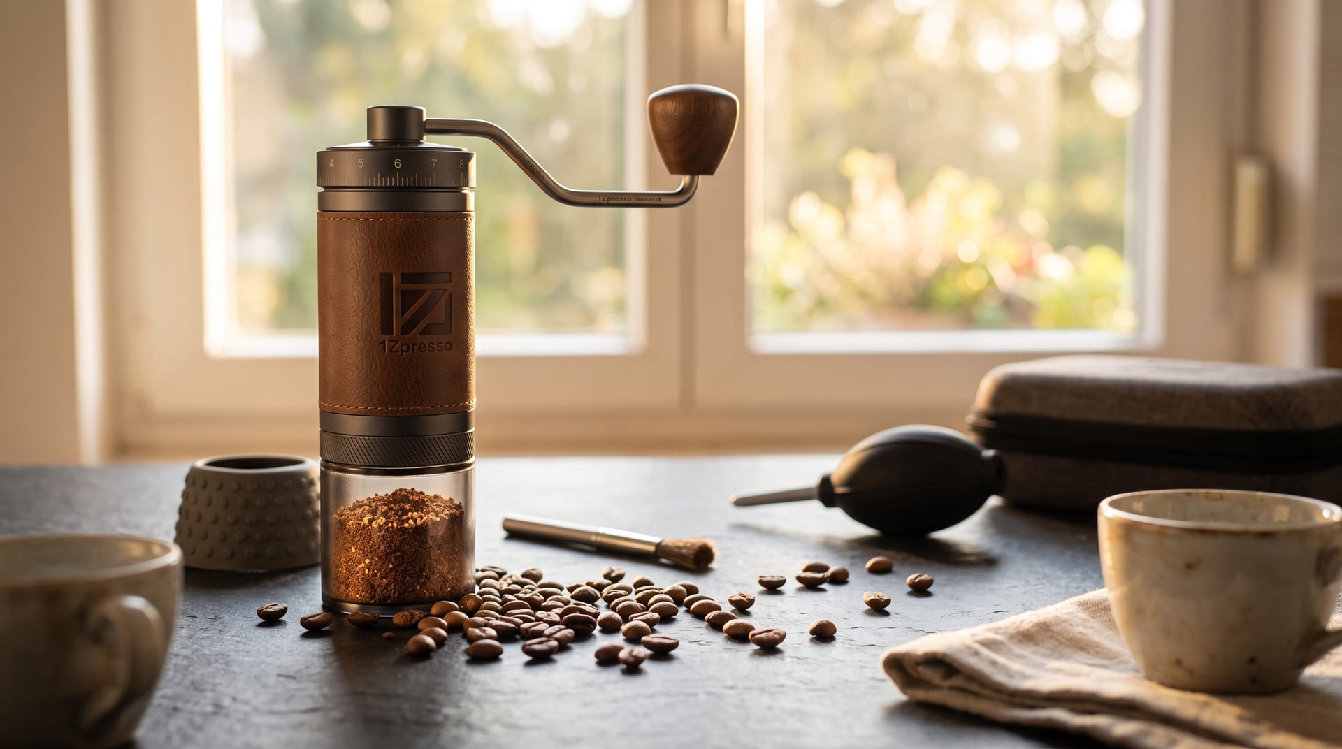 1Zpresso K-Ultra hand grinder V60 pour-over filter coffee brewing setup specialty coffee home barista gooseneck kettle