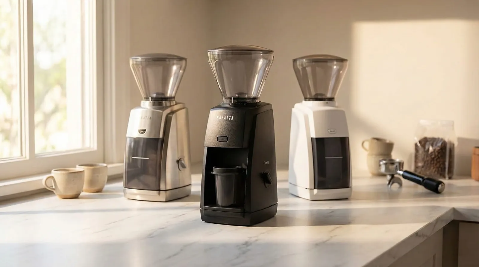 Baratza Encore ESP placed beside the Fellow Opus and Turin DF64 V5 for comparison