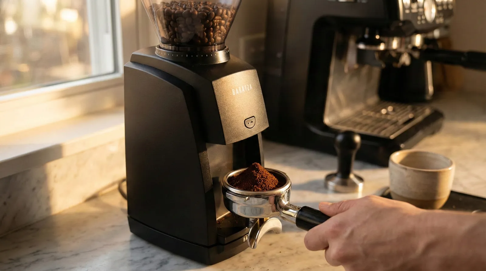 Baratza Encore ESP grinding coffee directly into a portafilter for an espresso workflow