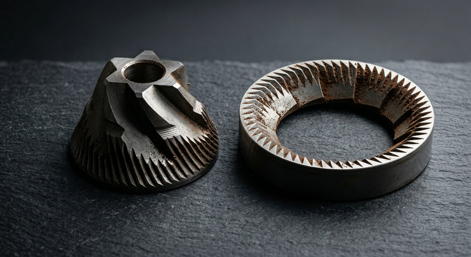 Baratza Virtuoso+ 40mm conical burr set close-up showing hardened alloy steel burr geometry for consistent grind particle distribution