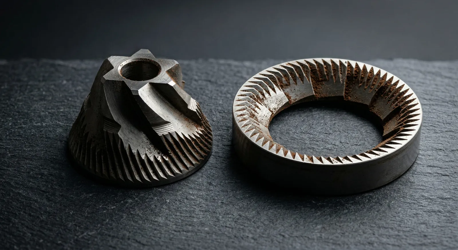Baratza Virtuoso+ 40mm conical burr set in a close-up of the alloy steel cutting teeth